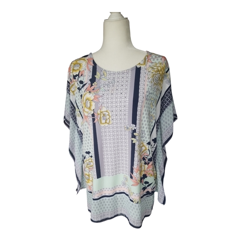 JM Collection Multicolored Boxy Blouse with Scoop Neck